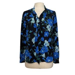 J CREW Women’s S Polyester Blouse Blue Black Floral Long Sleeves Button Front